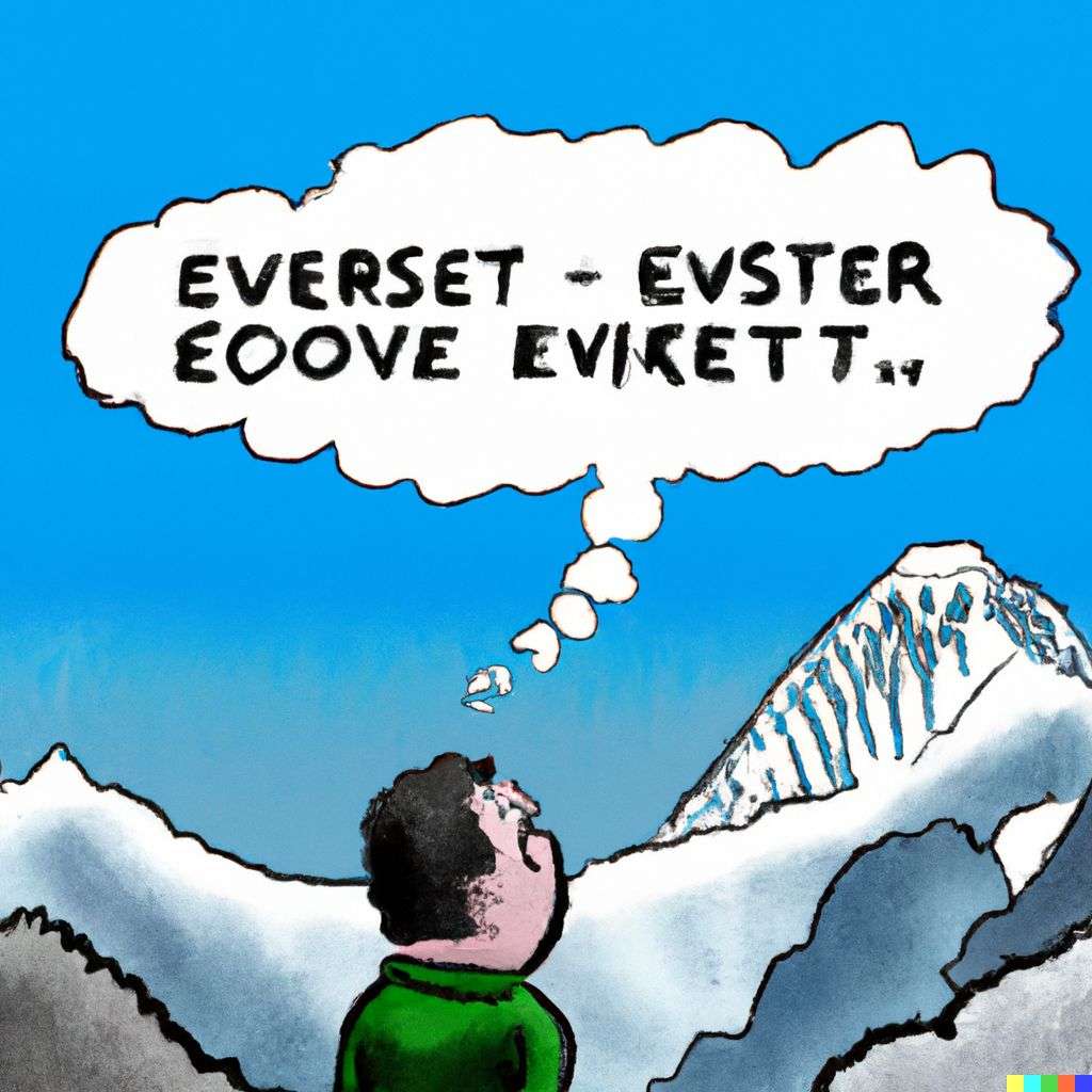 someone gazing at Mount Everest, cartoon